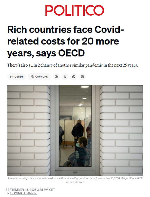 BigBadDenis's tweet photo. "Rich countries face COVID-related costs for 20 more years, says OECD"

"The health and economic impacts from Covid-19 will likely continue for another two decades, according to a report out Tuesday from the world’s wealthiest countries."

Source: https://t.co/o63JRnaW3r https://t.co/8GoXHj8hSx
