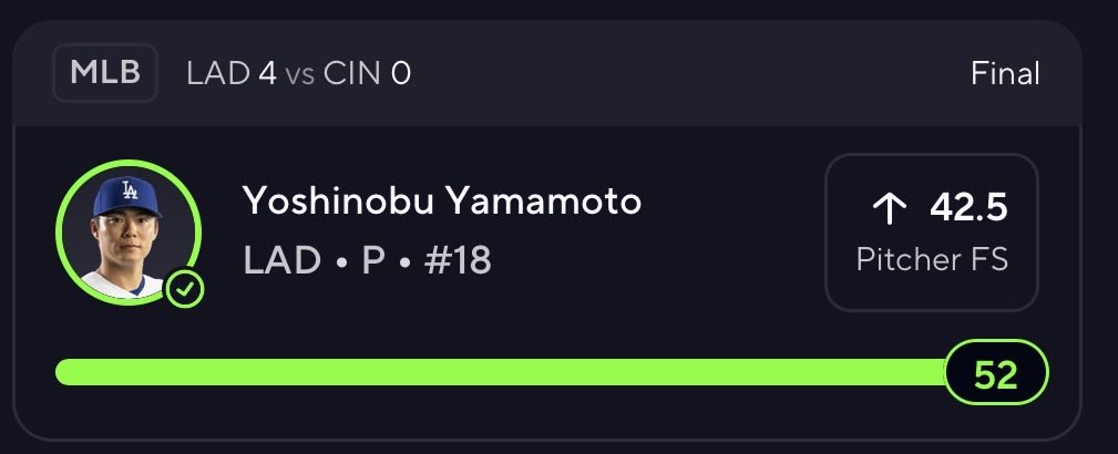 IntelliPickz's tweet photo. CASH THE MLB POTD 🔥

Yoshinobu Yamamoto “O” 42.5 Pitcher Fantasy Score ✅

Cooked with IntelliPickz 

❤️ if you tailed https://t.co/NP6tGoMyyR