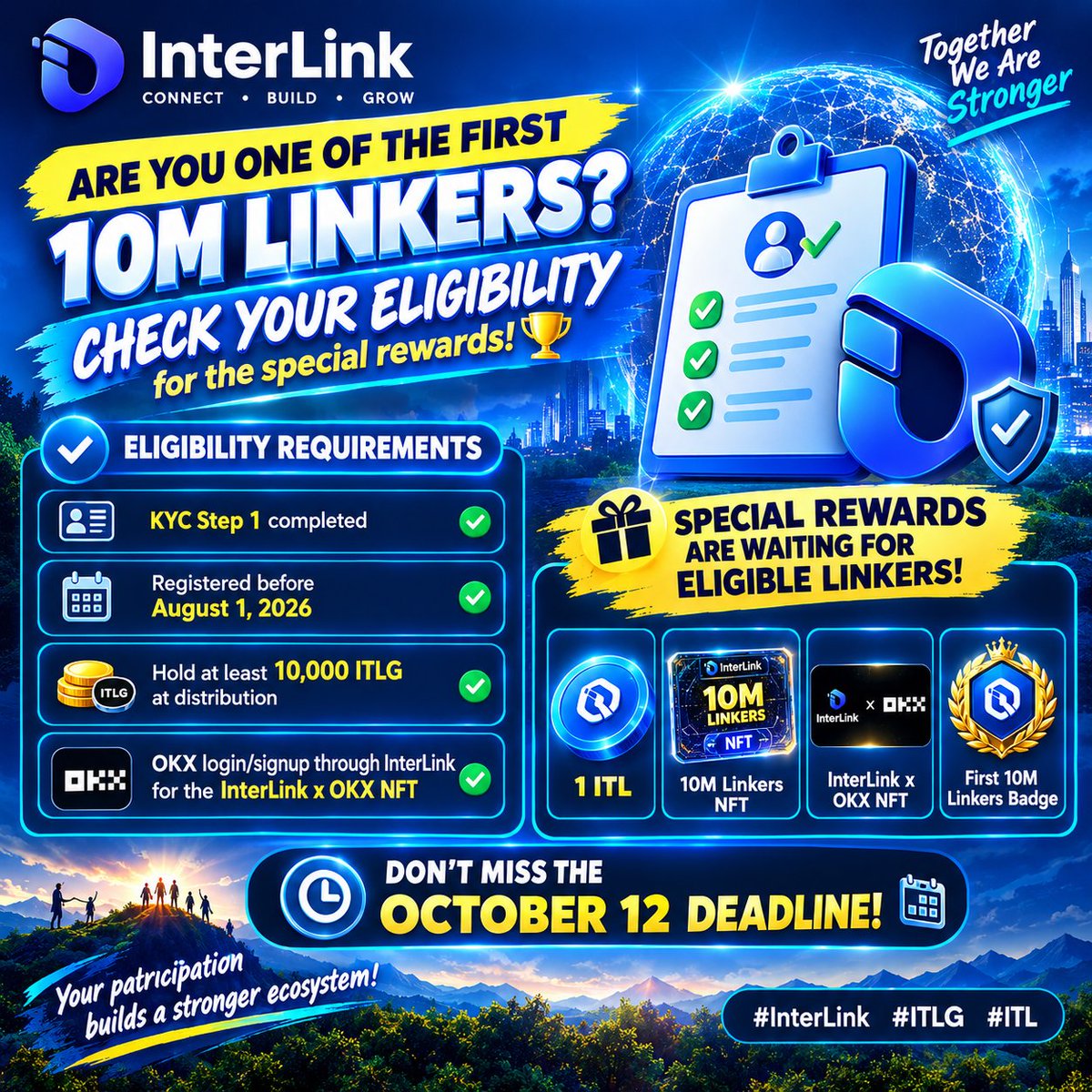 ekambaram143's tweet photo. ๐๐ ARE YOU ONE OF THE FIRST 10M LINKERS? CHECK YOUR ELIGIBILITY! ๐โจ
โSpecial rewards are waiting for eligible Linkers! Make sure you meet all criteria before the
โ#InterLink #10MLinkers #CheckEligibility #RewardsEvent #KYC #OKX #ITL #ITLG #October12Deadline #CryptoRewards https://t.co/7Rzjjd1T6M