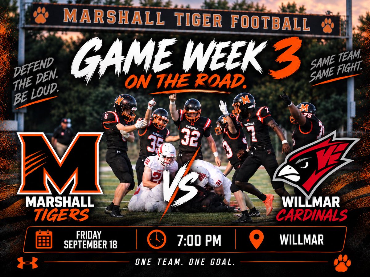 Marshall: It’s Week 3 - Marshall Tigers are on the road Friday, Sept 18th against the Willmar Cardinals. Let’s Go Tigers!!