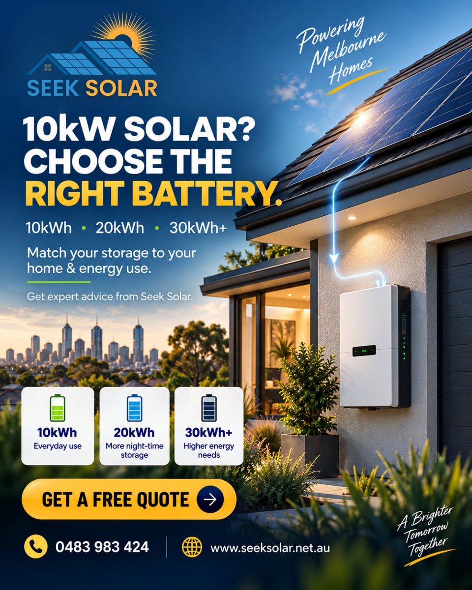 seek_solar's tweet photo. ☀️10kW Solar? Choose the right battery. 🔋

10kWh → Everyday use
20kWh → More night-time storage
30kWh+ → Higher energy needs
Match your battery to your home &amp; energy use.

📞 0483 983 424
🌐 https://t.co/eDvJz7liVd

#SeekSolar #SolarBattery #SolarEnergy #BatteryStorage https://t.co/XYrqjBVKhv