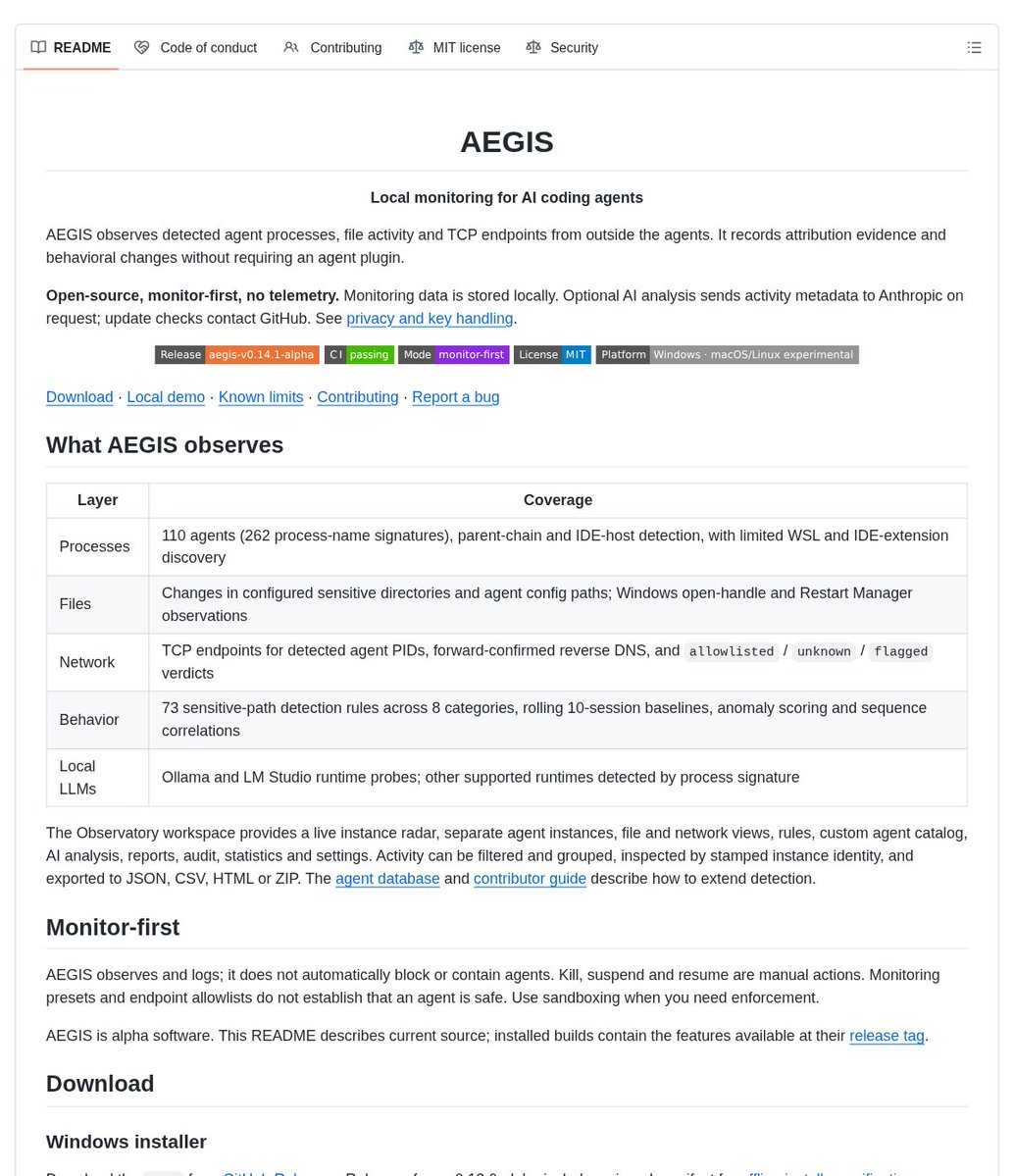 AEGIS local observability screenshot showing outside-in agent monitoring views