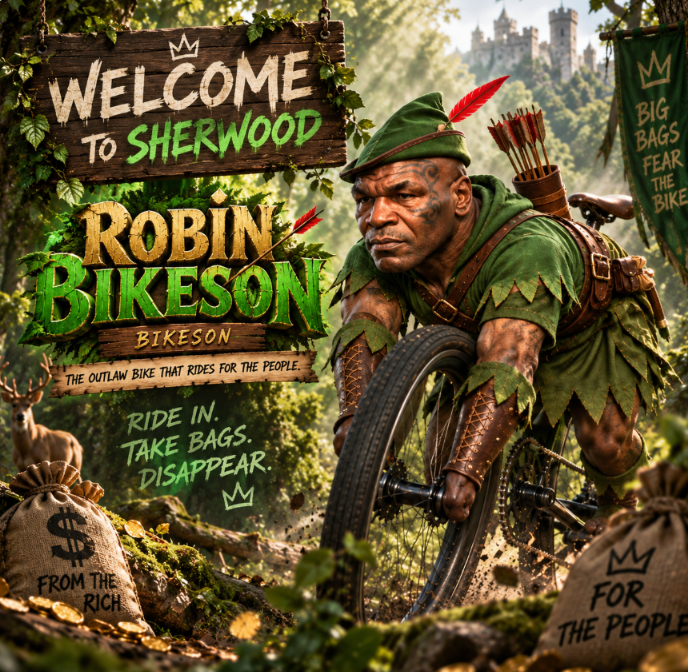 RobinBikeson's tweet photo. Welcome to Sherwood.

ROBIN BIKESON is here.
Half fighter, half bicycle, full outlaw.
Ride in. Take bags. Disappear.

#BIKESON #SOL #PumpFun https://t.co/xTW739i3Ns