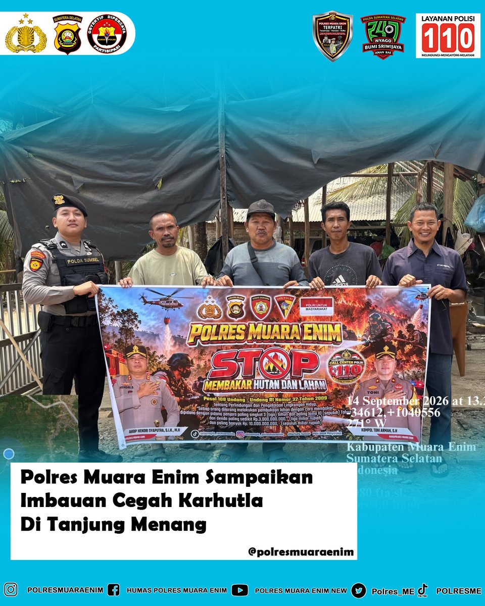Polres_ME's tweet photo. Polres Muara Enim Sampaikan Imbauan Cegah Karhutla di Tanjung Menang

Selama kegiatan berlangsung, situasi aman, kondusif, dan terkendali.

#PolresMuaraEnim #PoldaSumsel #SatSamapta #PamObvit #Karhutla #CegahKarhutla #PencegahanKarhutla #StopKarhutla #MuaraEnim #RambangNiru https://t.co/o0tBIeqThQ
