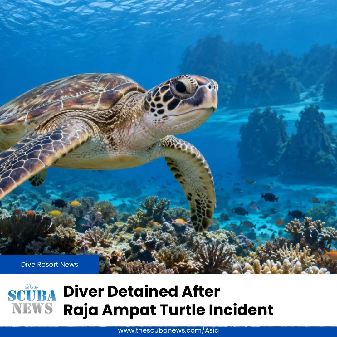 TheScubaNewsAS's tweet photo. A Chinese national has been detained in Indonesia following an alleged turtle killing in Raja Ampat.

Authorities prevented the diver from leaving Indonesia while the case is investigated. 

🤿 👉  https://t.co/VQll46EZug https://t.co/PmH280oBGV