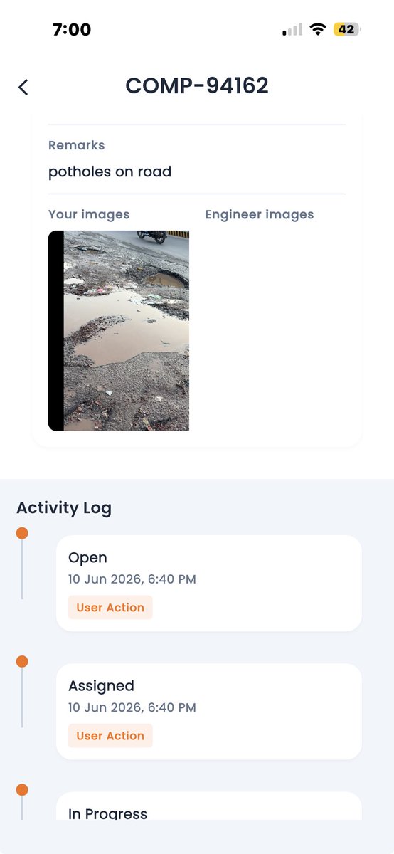 gsinghgsingh's tweet photo. ⁦⁦@DC_Gurugram⁩ complaints raised on Mahari Sadak app are not attended, this is pending since Jun’26.
 ⁦@cmohry⁩ ⁦⁦@RaoNarbir⁩ https://t.co/ixxu4t9JUR