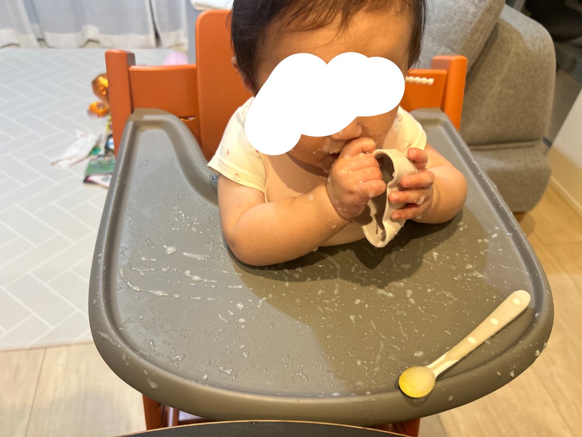 _pomcham_'s tweet photo. 離乳食あげようとして大号泣した理由が、器ひっくり返して器についた米粒を舐め回して食べたかった なんて誰が分かるねん https://t.co/mNydZV9FGd