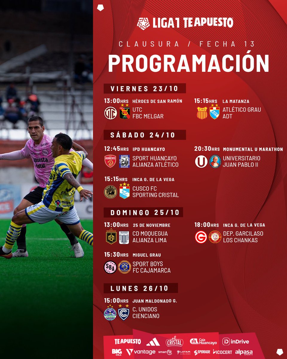 Liga1TeApuesto's tweet photo. ¡𝗧𝗼𝗱𝗼 𝗹𝗶𝘀𝘁𝗼 𝗽𝗮𝗿𝗮 𝗹𝗮 𝗙𝗲𝗰𝗵𝗮 𝟭𝟯! 🔥⚽

#Liga1TeApuesto #ElADNdelHincha https://t.co/wnSMpYiDzn