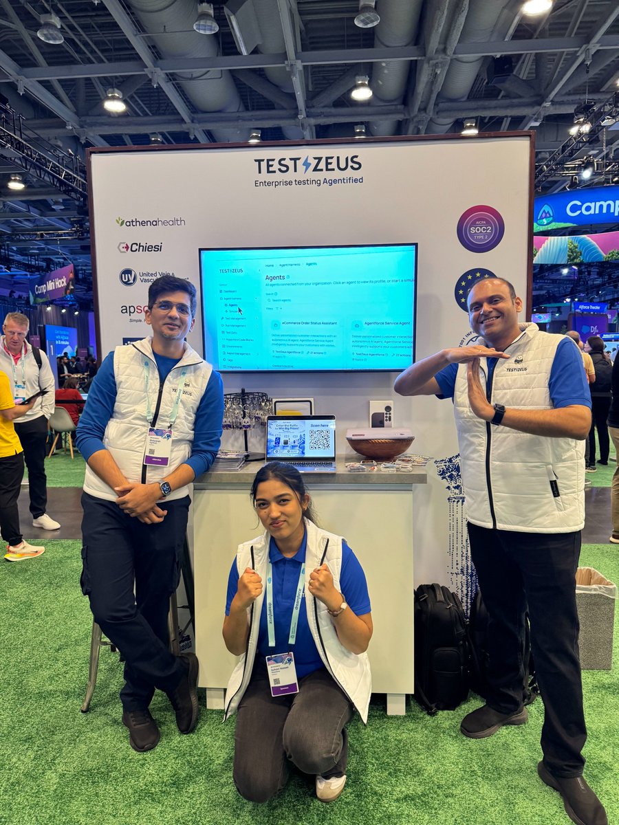 TestZeusAI's tweet photo. @Dreamforce  is in full swing! ⚡️

Great conversations, new connections, and plenty of AI testing action at #DF26.

Catch the @TestZeusAI  team at Booth #7, Trailblazer Forest. 🚀

#Dreamforce2026 #TestZeus #Salesforce #AI #AgenticAI https://t.co/BERCyD3Noa