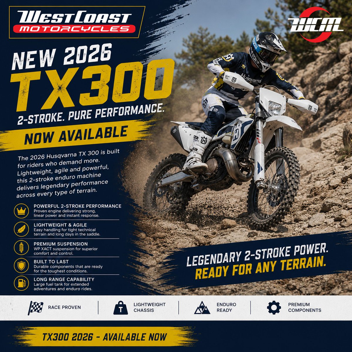 BerryHaakfvpb's tweet photo. ONLY ONE AVAILABLE! The 2026 Husqvarna TX300 is at West Coast Motorcycles. Lightweight, fuel-injected 2-stroke power, WP suspension and race-proven enduro capability. One bike, one chance—don’t miss out. https://t.co/dfFIQeLblW