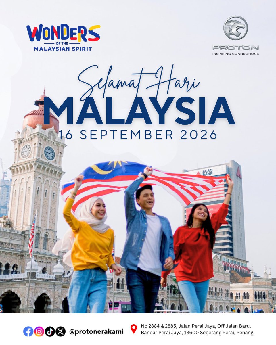 ProtonErakami's tweet photo. 🇲🇾 Selamat Hari Malaysia!

Raikan kepelbagaian, satukan semangat, dan terus melangkah bersama membina masa depan Malaysia yang lebih gemilang.

#HariMalaysia2026 #ProtonErakamiEdaran
#SeberangPerai #PulauPinang https://t.co/zYCByecFtl