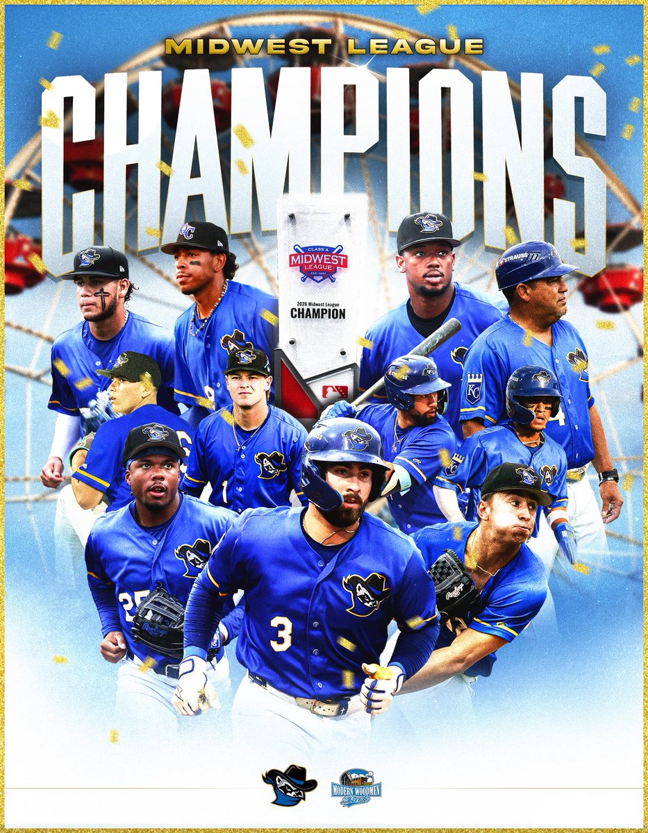 QCRiverBandits's tweet photo. Quad Cities, your boys are 2026 Midwest League Champions! 🏆

#RoadToRoyalty🦝 https://t.co/kafUSL5BsE