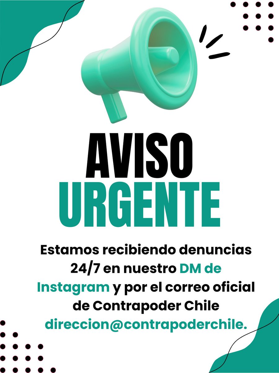ContrapoderCH's tweet photo. 📢ATENCIÓN| Contrapoder Chile activó su DM en Instagram (@contrapoderchile) 24/7 para recibir denuncias. Respetamos anonimato y confidencialidad. Te leemos! https://t.co/OILc9O3YZc