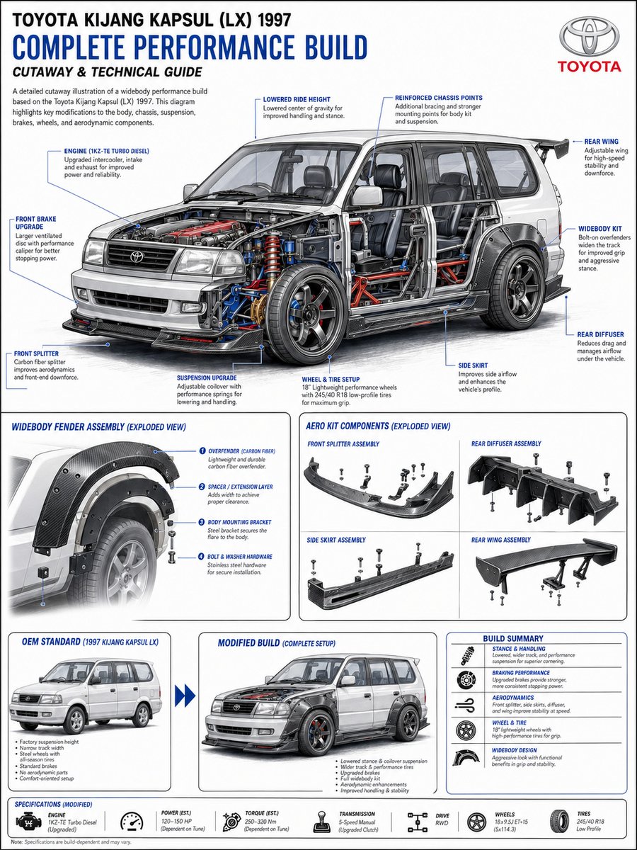 MillicentFatora's tweet photo. Toyota Kijang Kapsul (LX) 1997—reimagined with a widebody, upgraded suspension and brakes, aero parts, performance wheels, and a more aggressive stance. Classic Toyota character meets modern performance. https://t.co/2FmHI0okY1