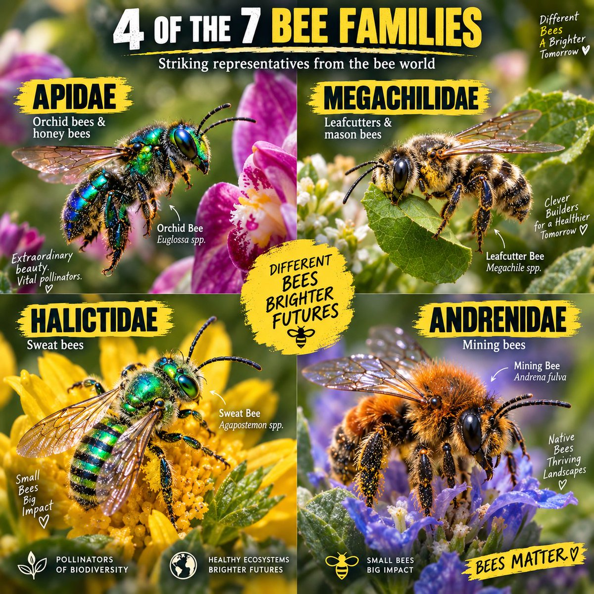 Naturetofly's tweet photo. Bees are far more diverse than most people imagine: 20,500+ species grouped into 7 families, each with its own shapes, colors, and lifestyles. From metallic orchid bees to tiny yellow-faced bees, their diversity helps keep ecosystems alive. Which bee family surprised you the most? 🐝✨
#BeeDiversity #Pollinators #NatureFacts