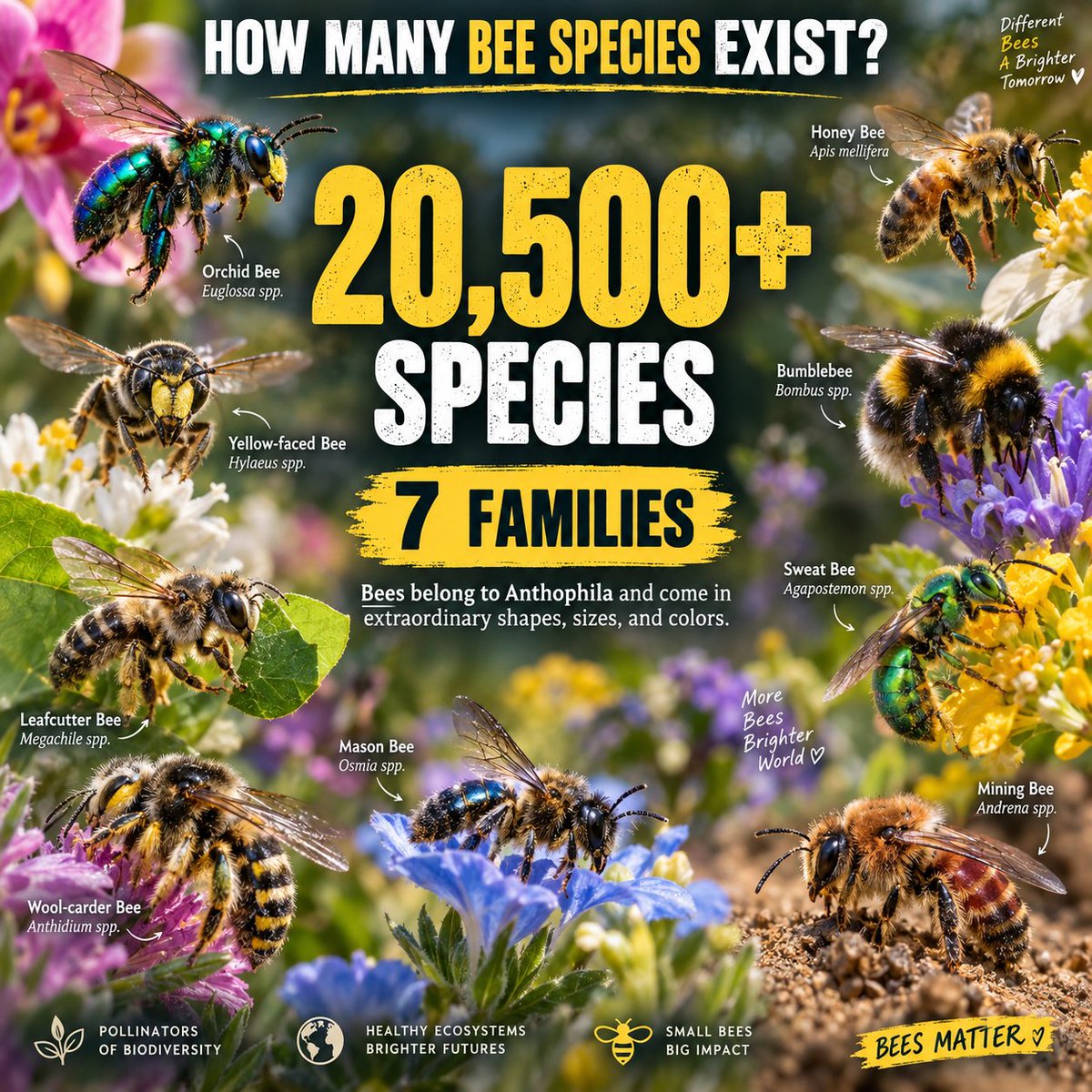 Naturetofly's tweet photo. Bees are far more diverse than most people imagine: 20,500+ species grouped into 7 families, each with its own shapes, colors, and lifestyles. From metallic orchid bees to tiny yellow-faced bees, their diversity helps keep ecosystems alive. Which bee family surprised you the most? 🐝✨
#BeeDiversity #Pollinators #NatureFacts