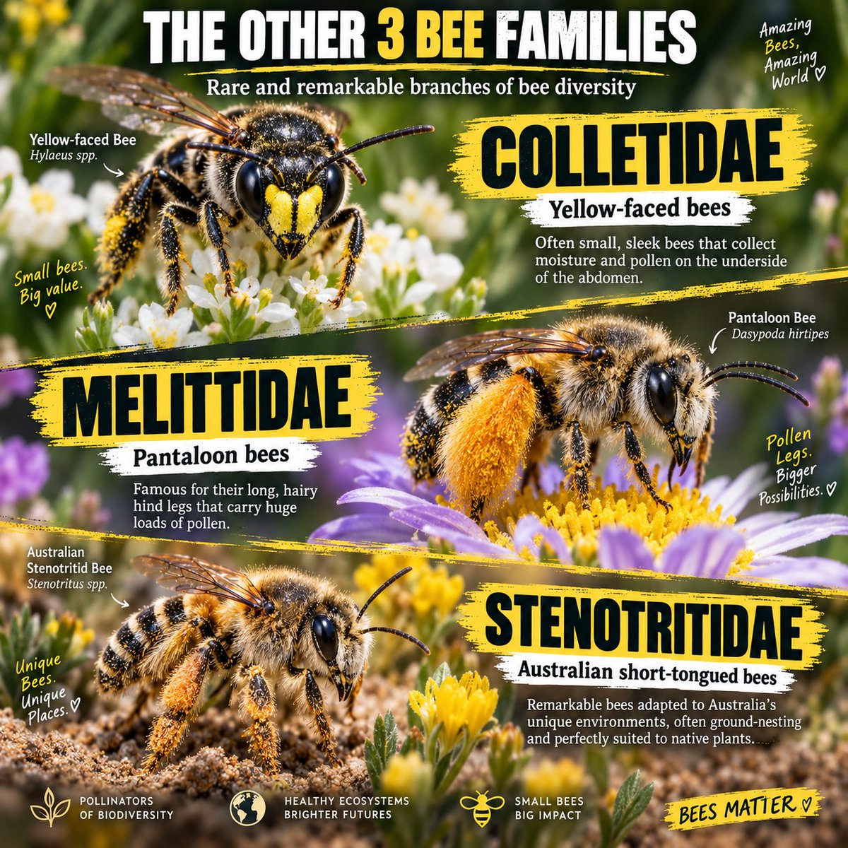 Naturetofly's tweet photo. Bees are far more diverse than most people imagine: 20,500+ species grouped into 7 families, each with its own shapes, colors, and lifestyles. From metallic orchid bees to tiny yellow-faced bees, their diversity helps keep ecosystems alive. Which bee family surprised you the most? 🐝✨
#BeeDiversity #Pollinators #NatureFacts