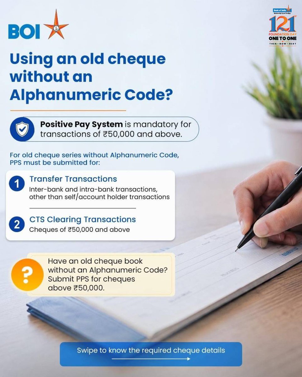 BankofIndia_IN's tweet photo. A safer cheque starts with the right confirmation.
With Bank of India’s Positive Pay System, reconfirm key details of high-value CTS cheques for added security and smoother processing.
Available for ₹50,000+ cheques.
#BankOfIndia #PositivePaySystem #SafeBanking https://t.co/vezeBRhQzc