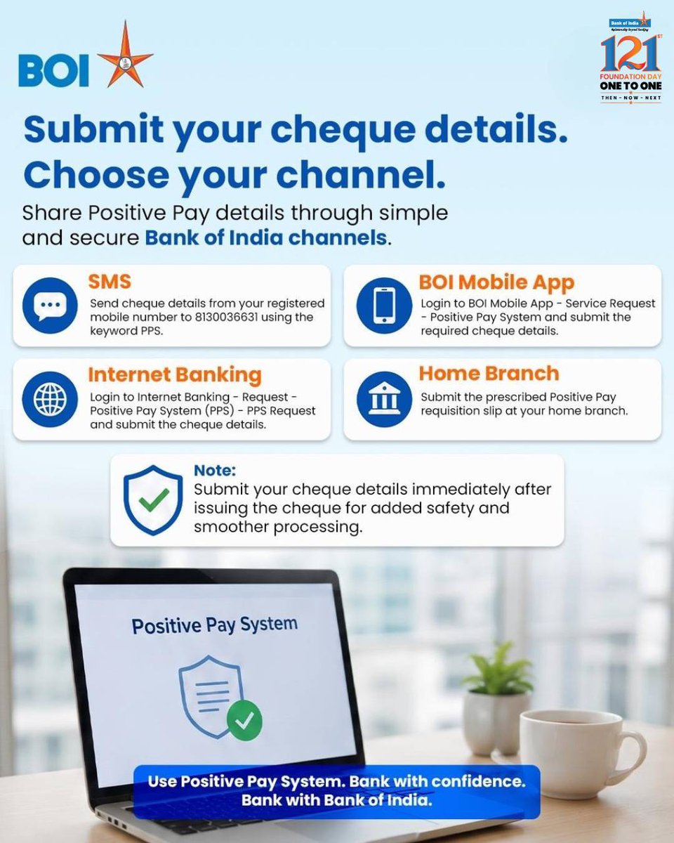 BankofIndia_IN's tweet photo. A safer cheque starts with the right confirmation.
With Bank of India’s Positive Pay System, reconfirm key details of high-value CTS cheques for added security and smoother processing.
Available for ₹50,000+ cheques.
#BankOfIndia #PositivePaySystem #SafeBanking https://t.co/vezeBRhQzc