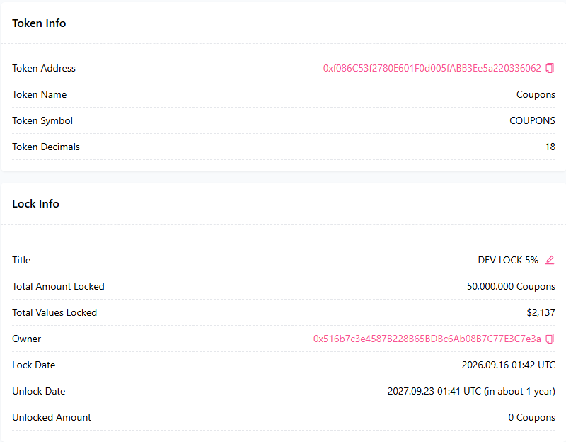 coupons_eth's tweet photo. an additional 5% of $COUPONS has been LOCKED on the dev wallet

see below https://t.co/jQpW7b4NOs