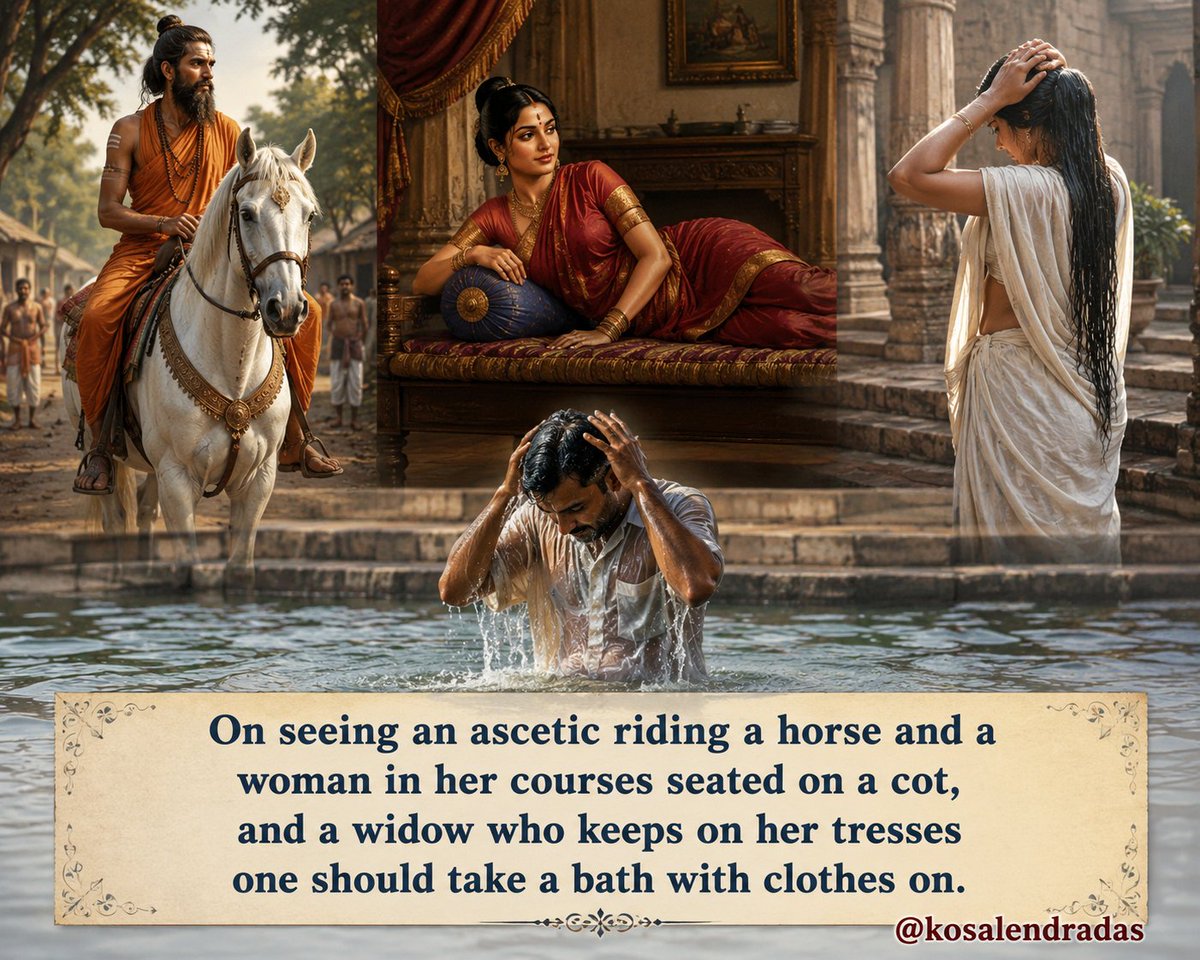 Kosalendradas's tweet photo. अश्वारूढं यतिं दृष्ट्वा खट्वारूढां रजस्वलाम्।
सकेशां विधवां दृष्ट्वा सचैलं स्नानमाचरेत्॥

किसी संन्यासी को घोड़े पर सवार, रजस्वला स्त्री को चारपाई पर तथा खुले केशों वाली विधवा स्त्री को देखने पर व्यक्ति को वस्त्र सहित स्नान करना चाहिए। #समयोचित_पद्यरत्न_मालिका (2-स-64) @sankrant https://t.co/aNMpHKg0or