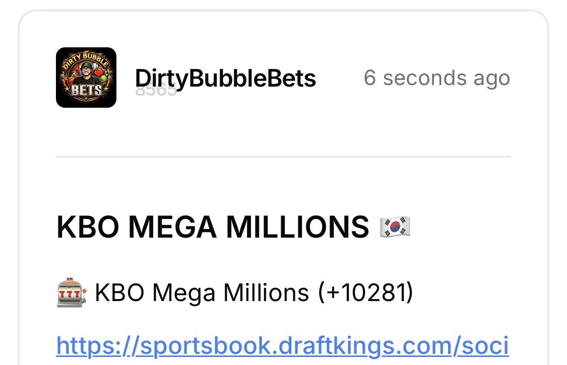 DirtyBubbleBets's tweet photo. KBO Mega Millions (+10281) 🇰🇷

1 Leg Away This Morning. Run It Back 🔥

Sending It To 5 Of You Guys For FREE 💎

Like ❤️ + Repost ♻️ + Comment 💬

70% Off All VIP Packages (50 Spots) 👇

https://t.co/arYJmp9YPS https://t.co/w4vlgpFVfk