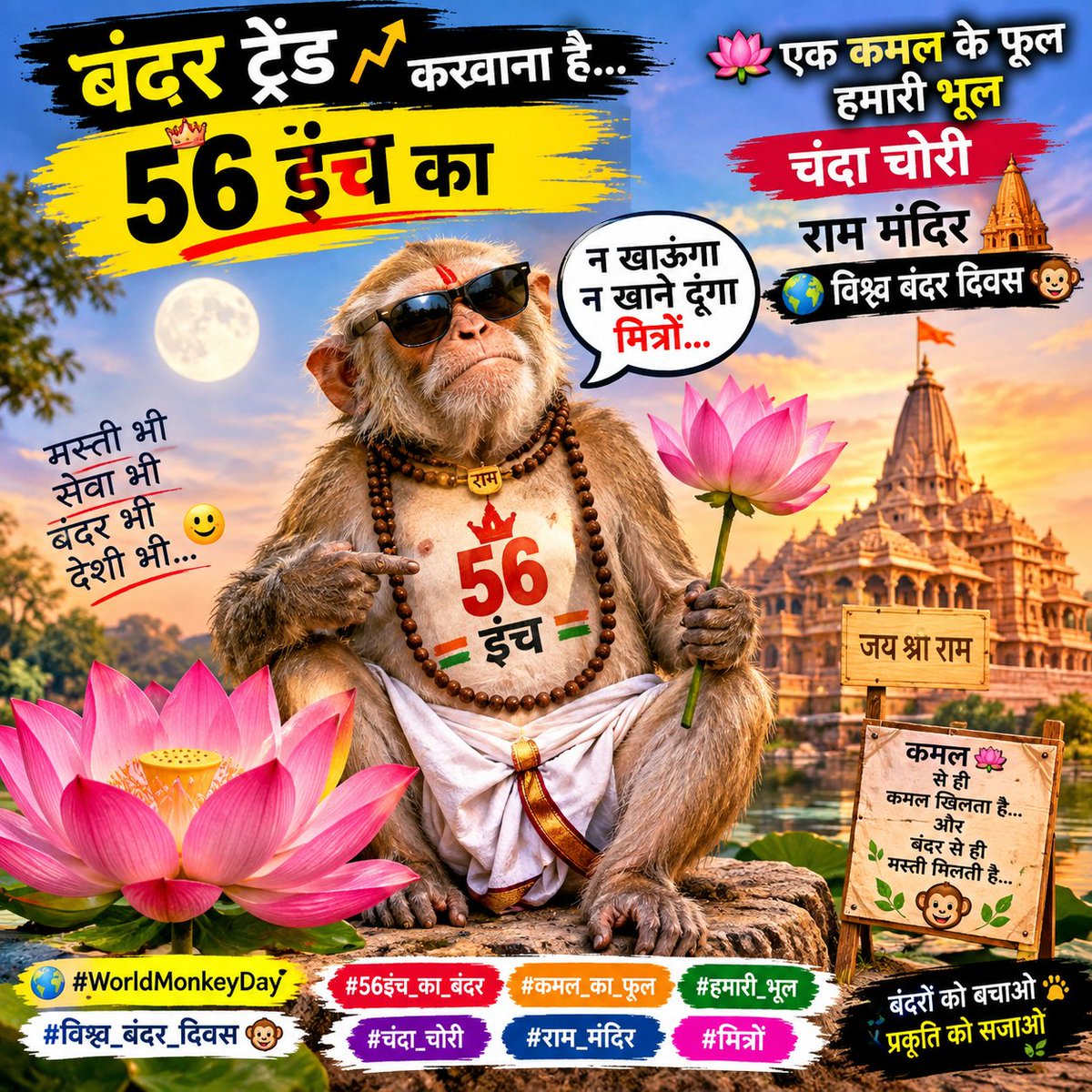 tribalMeena0087's tweet photo. 🐒🌸 विश्व बंदर दिवस स्पेशल 🌸🐒
56 इंच का सीना, हाथ में कमल का फूल और अंदाज़ एकदम निराला! 😎🐒
🗣️ “न खाऊँगा, न खाने दूँगा… मित्रों!” 😂!
#विश्व_बंदर_दिवस #WorldMonkeyDay #56इंच_का_बंदर #बंदर_ट्रेंड #बंदर_मस्ती #कमल_का_फूल #मित्रों #चंदा_चोरी #राम_मंदिर #MonkeyDay https://t.co/gpCyEWGFuU