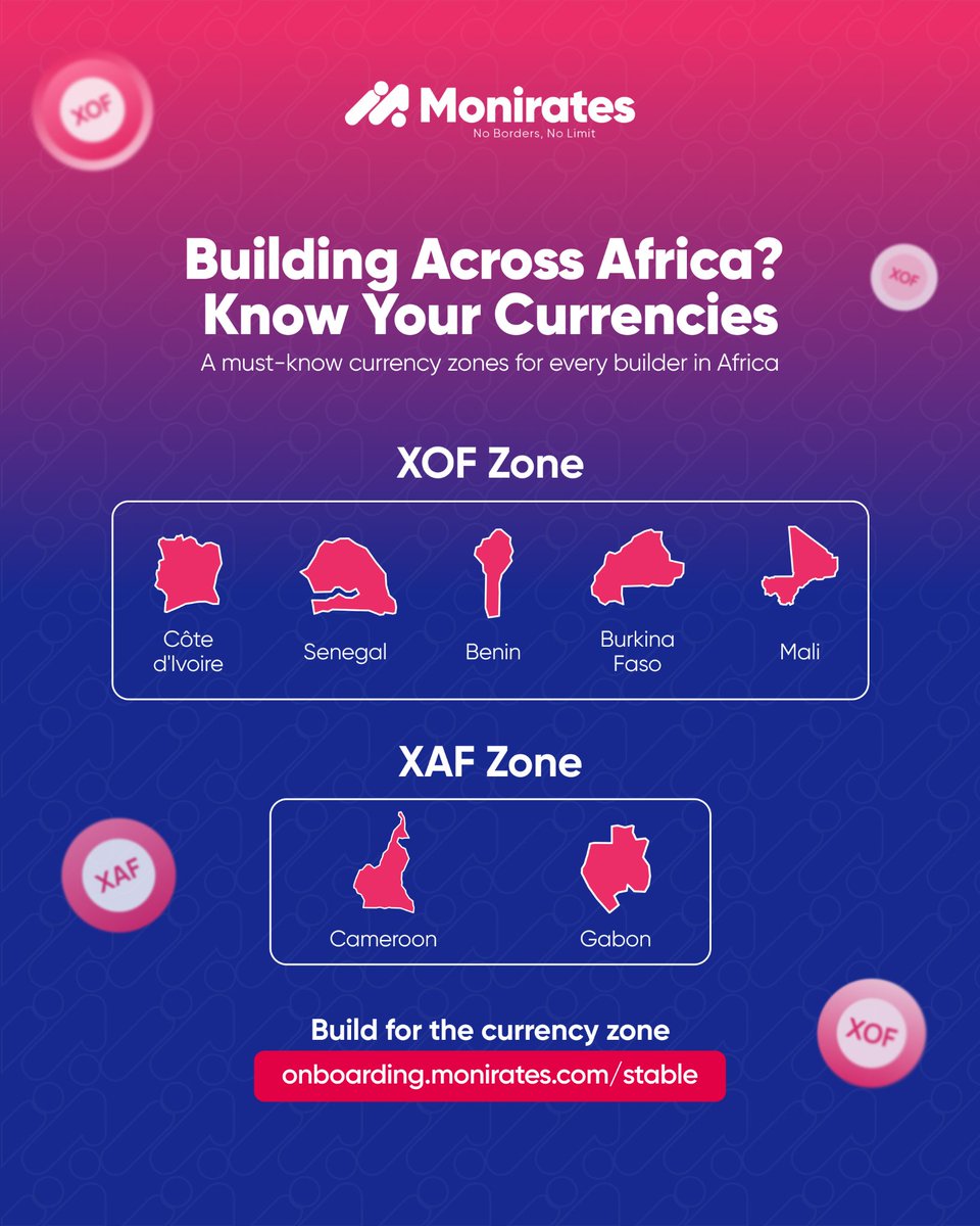 Monirates's tweet photo. One currency zone can unlock multiple African markets for your business. 

With Monirates, you can build around currency zones instead of individual countries, allowing you connect to multiple markets through a single infrastructure layer rather than treating every country as a separate integration. 

So if you're building for West Africa, don't think country by country. 

Côte d’Ivoire, Senegal, Benin, Burkina Faso, and Mali all settle in XOF, while Cameroon and Gabon share XAF.

Think currency zones. Build for more markets. Scale across Africa.

Explore how Monirates can help → [https://t.co/znwWXqQTaT]