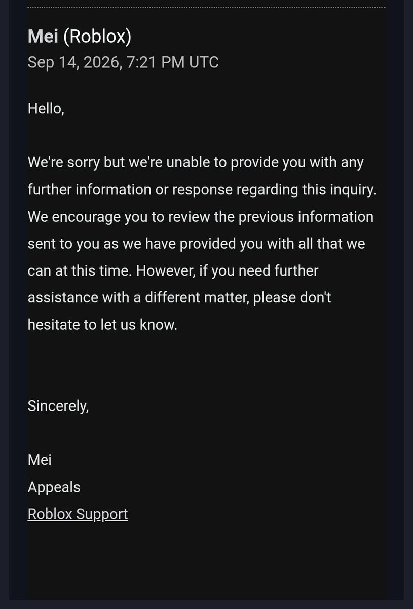 PapulandEnjoyer's tweet photo. Day 46 waiting for @Roblox @RobloxES @DavidBaszucki 

Roblox's support bot says my case should be reviewed because I appealed on time.
Yesterday I got another "response" saying they won't review me because 30 days have passed (again) so now the bot suggests sending a MIDR

wow https://t.co/TqI3bdKL9G