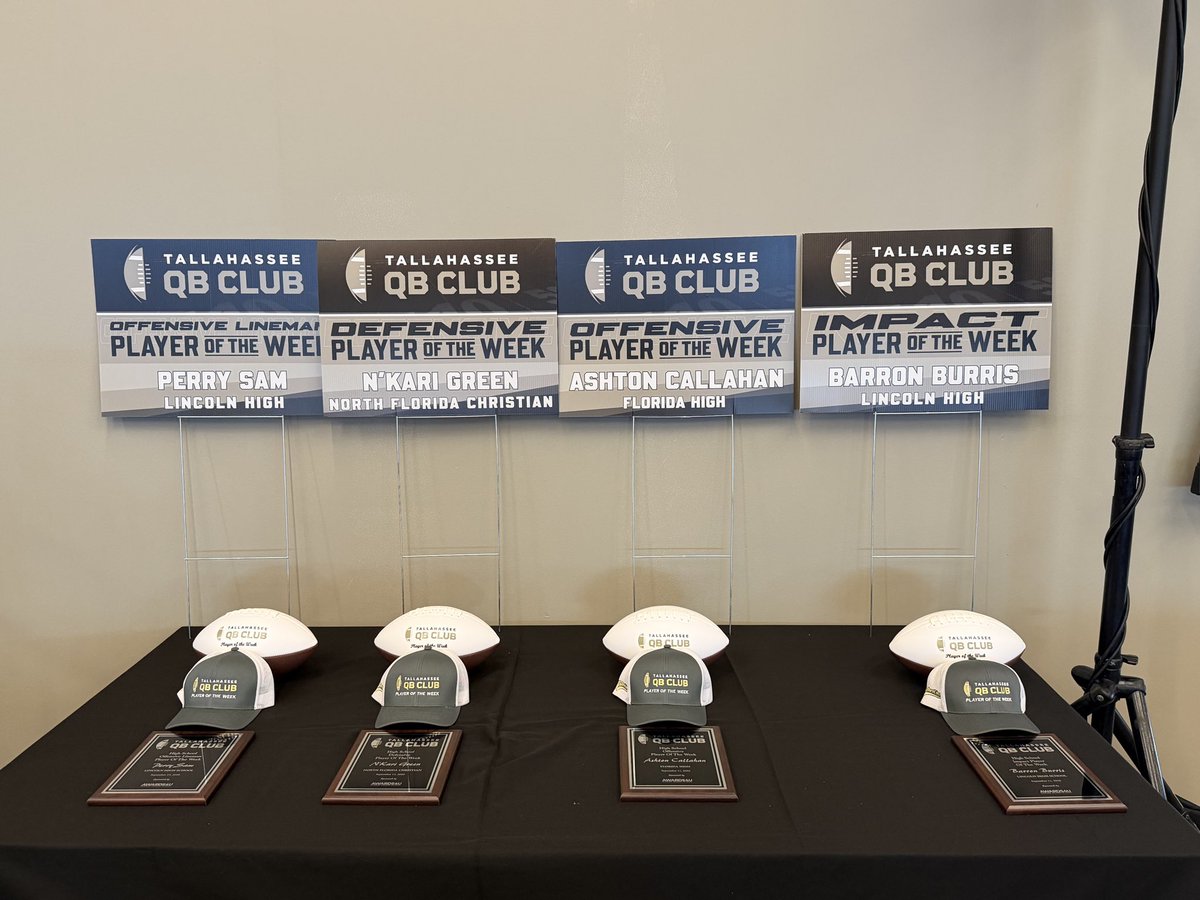 Bensinco's tweet photo. Awesome night at Tallahassee QB Club meeting! Former Auburn HC Gene Chizek was our speaker &amp; we honored these four outstanding players for their efforts last week! @L_NKariGreen @Perrysam471741 @ashtonAJC @BarronBurris30 @TQB_Club @NFC_Football @Linc_TrojansFB @FloridaHighFB https://t.co/KFpX2MGtPb