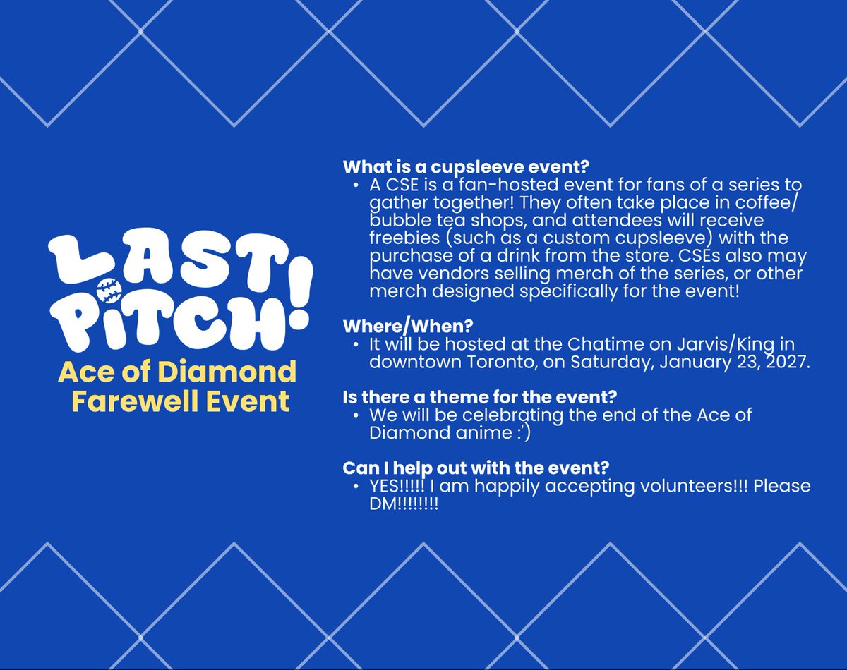 TOdaiyaCSE's tweet photo. [INTEREST CHECK] Ace of Diamond CSE in Toronto!

Please fill out the form if you're interested in attending! Form will close Oct 1.  🔗 in replies. https://t.co/ivgIzoExjE