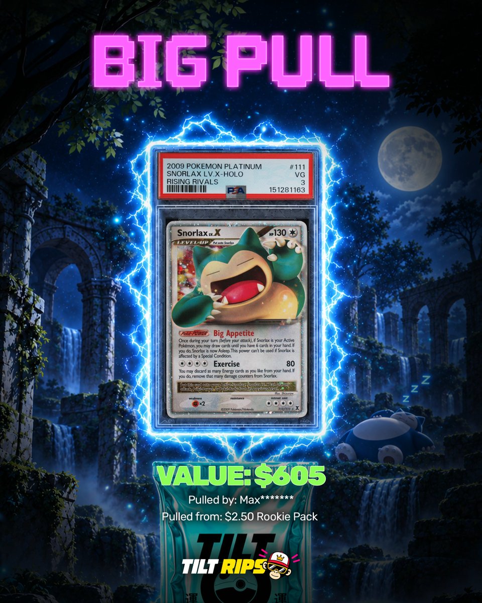 TiltRips's tweet photo. PSA 3 Snorlax LV.X valued at $605 was pulled from a $2.50 Pokémon Rookie Pack! 💤 https://t.co/HnR3zkNFcZ