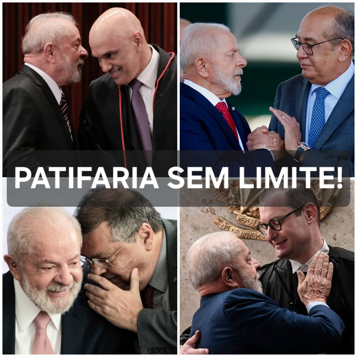 TumultoBR's tweet photo. Patifaria sem limites!!
Lula é Alexandre de Moraes 
Lula é Gilmar Mendes 
Lula e Flávio Dino 
Lula é Cristiano Zanin https://t.co/2ezHx4xvbC
