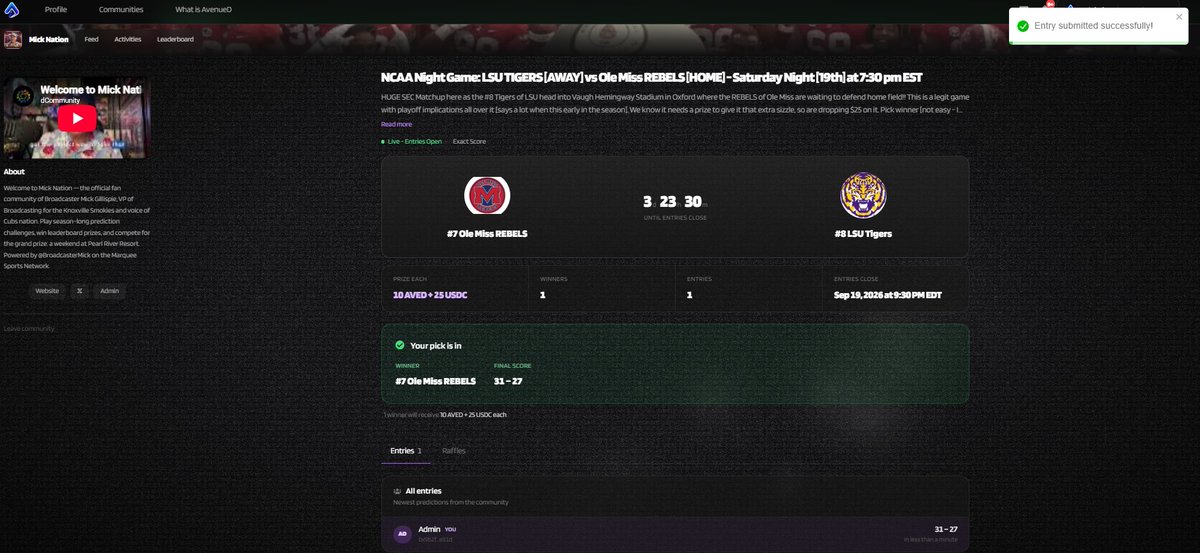 dcommunity_main's tweet photo. BOOM💥A big #SEC Game Loaded
https://t.co/wkXwljsNZB added the @LSUfootball vs @OleMissFB game with a $25 ethereum:0xa0b86991c6218b36c1d19d4a2e9eb0ce3606eb48 + 10 $AVED prize.  We need to add bragging rights too✔️Some noticed we are getting emails - You placed 4th or 5th, etc. There is a reason😉Season prizes anyone💰🥇🥉😌