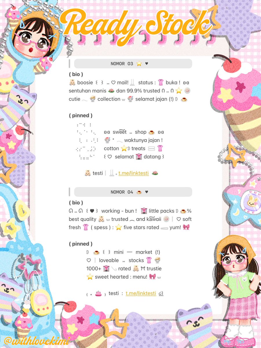 withlovekimi's tweet photo. ⠀
⠀⠀♥︎  ︴꒰⠀help retweet? arigatOu!⠀꒱
⠀⠀╭──⠀#bealanja  ୨୧

⠀⠀Moshi⠀__⠀mOsh?!⠀ready stock⠀☘️
⠀⠀🪁 🍤  wording  pinned  dan  bio  🚎
⠀⠀siap⠀dibeli! 🎀 𓈈⠀sekarang!  :¨ ·.· ¨:
⠀⠀ⓘ  ☆   harga:⠀IDR  9.000⠀coins⠀🍎

⠀⠀꒰⠀꒱⠀⑅⠀yuk  jajan !  🍮
⠀ https://t.co/rMbm1Pe8w8
