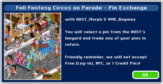 MyVMK's tweet photo. "Fall Fantasy Circus on Parade - Pin Exchange" with HOST_Morph & VMK_Baymax begins in just 30 minutes! (8:00 PM EST) Friendly reminder, we will not accept Free (Log-in), NPC, or 1 Credit Pins. #MyVMK #VMK #Disney #Nostalgia https://t.co/5yQYMDEpll