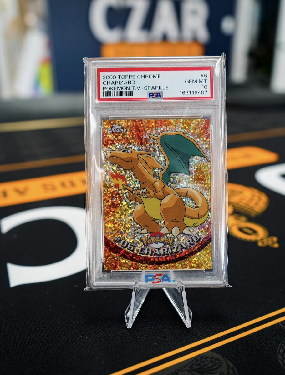 astro_degens's tweet photo. GIVING AWAY this $18,500 PSA 10 GEM MINT 2000 Topps Chrome Pokémon Series 1 Sparkle Charizard #6 🔥🐉

If this card brings you even a fraction of the joy Pokémon has given me, then mission accomplished.

Valued at ~ $18,500 and it could be yours. 

Just follow, like, RT & reply for a chance to win. Good luck! 🍀