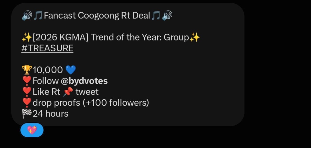 teureals's tweet photo. [🗳️] RT DEAL
2026 KGMA X COOGOONG 
✨Trend of the Year: Group✨ #TREASURE

TEUMES, please help to achieve this deal🙇‍♀️
Follow instructions below. Fighting 💪

🏆10,000 💙
❣️Follow @bydvotes 
❣️Like Rt 📌 tweet
❣️drop proofs (+100 followers)
🏁 ENDS in 24 hours

#teuhelp  #teufind https://t.co/ZdrrHiRpwm