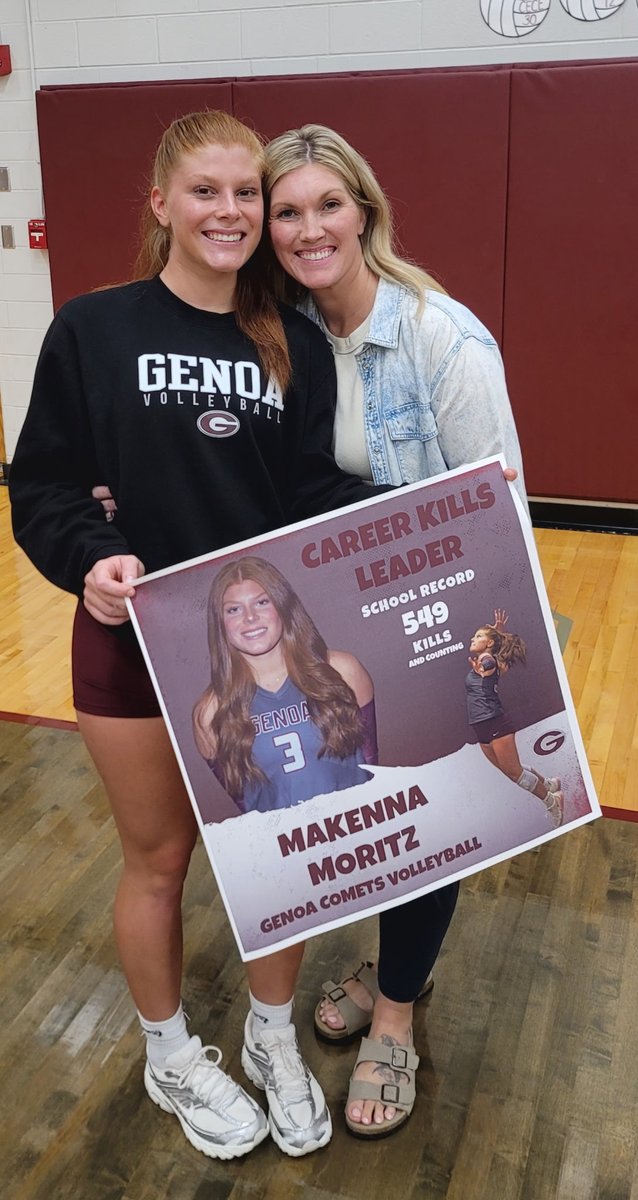 GenoaSports's tweet photo. Congratulations to Makenna Moritz, who is now Genoa Volleyball’s all-time career kills record holder, surpassing the previous record held by Lillian Frias!
Makenna currently has 549 kills, and counting! Congratulations on this incredible achievement! #WeAreComets https://t.co/BQJ9UNnGxk