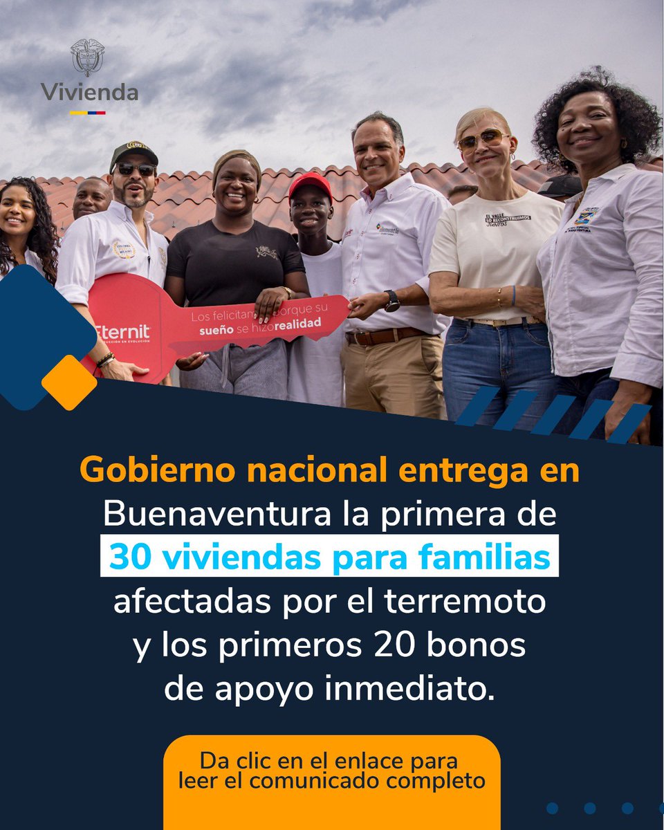 Minvivienda's tweet photo. #BoletínMinVivienda | Buenaventura también avanza en la reconstrucción. Ya entregamos la primera de 30 viviendas para familias afectadas por el terremoto y los primeros 20 bonos de apoyo.

🔗 https://t.co/g0o8XcgB0g https://t.co/zd1wkwatlT