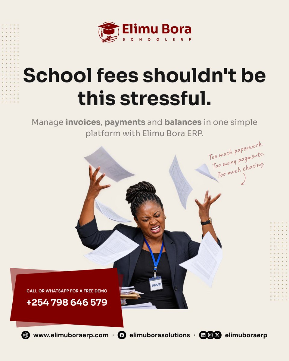 elimuboraerp's tweet photo. School fees shouldn't be this stressful.

Invoices, payments and balances, all in one place with Elimu Bora ERP.

Book a free demo: +254 798 646 579

#ElimuBora #EdTechKenya #SchoolFees https://t.co/TwnyT9gCah