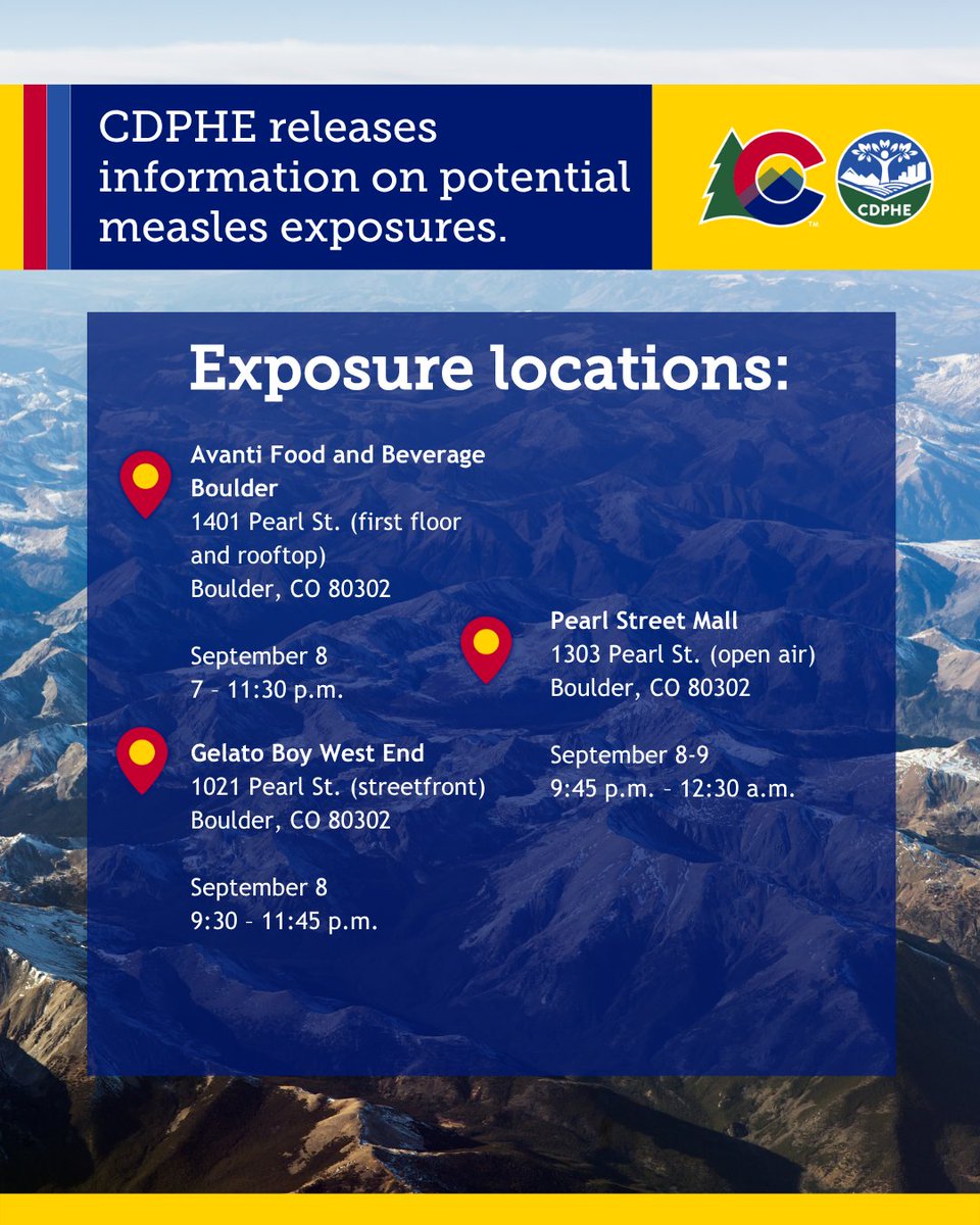 CDPHE's tweet photo. CDPHE is alerting the public to potential measles exposure locations following a confirmed case in an international visitor who recently traveled through the state. Learn more: https://t.co/djVsoy3Bvr https://t.co/eXrlP0N4UL