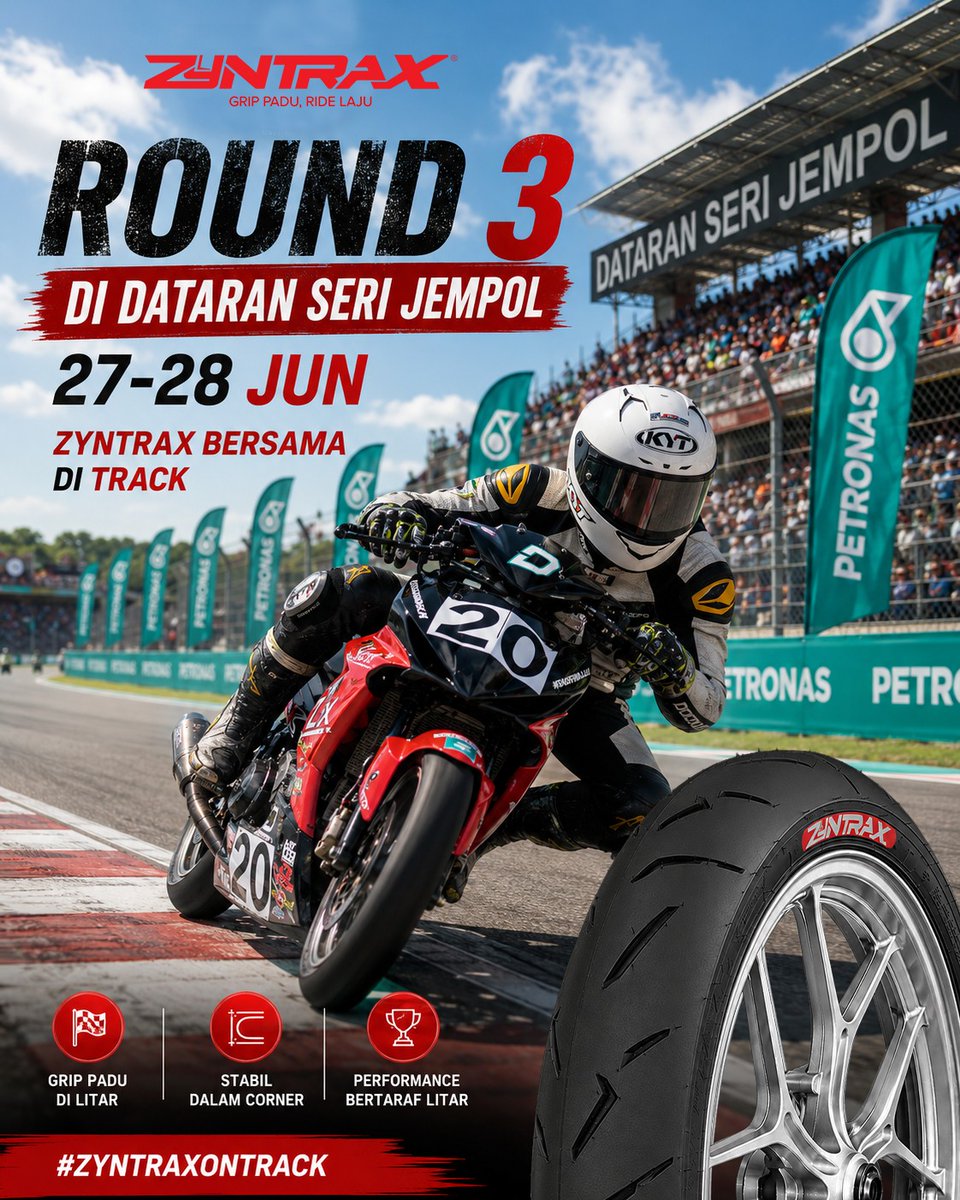 AndreaRoerc09b's tweet photo. Round 3 is getting closer 
Dataran Seri Jempol will heat up again with top riders in action 
Hit the corners, open the throttle, and chase every second on track 
27–28 June 
See ZYNTRAX at the track https://t.co/4WgPxI48iv