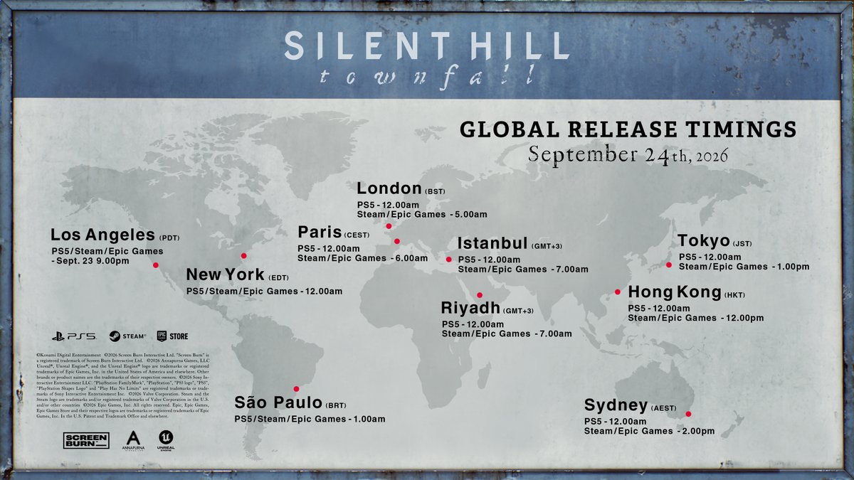 silenthill_jp's tweet photo. 『SILENT HILL: Townfall』
日本国内におけるリリース時間は以下の通りです。

■PS5： 9月24日(木)12:00 AM
■Steam/Epic Games：9月24日(木) 1:00 PM

予約はこちら：https://t.co/9GBfNzfmqW

#SILENTHILL #Townfall #サイレントヒル https://t.co/x7ZCW7XNOk