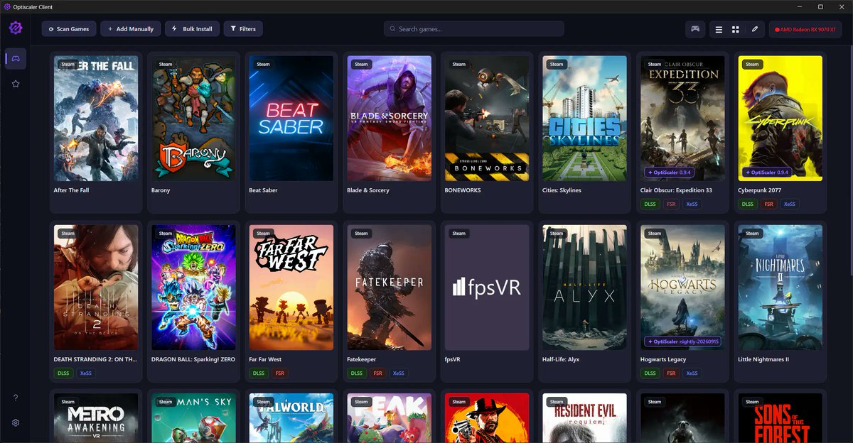 GameGPU_com's tweet photo. https://t.co/19JH4OwglF

The developer of OptiScaler Client has released a major update 1.0.7, bringing extensive improvements to game library management. Players can now swap FSR 4 DLLs in INT8 and FP8 formats directly into game directories, even without having the main OptiScaler modification installed.

The release introduces direct support for Multi Frame Generation with multipliers up to x6, along with DLSS Enabler integration and automated NVIDIA Streamline setup. The revamped management window allows users to adjust output scalers, quality presets, GPU spoofing, and inspect configuration files without opening submenus.

Additionally, version 1.0.7 adds compatibility with OptiScaler Nightly builds, experimental RenoDX integration, and software rendering fallbacks for Windows 10.

#OptiScaler #FSR4 #FrameGeneration #DLSS #PCGaming #Modding #GamingPC