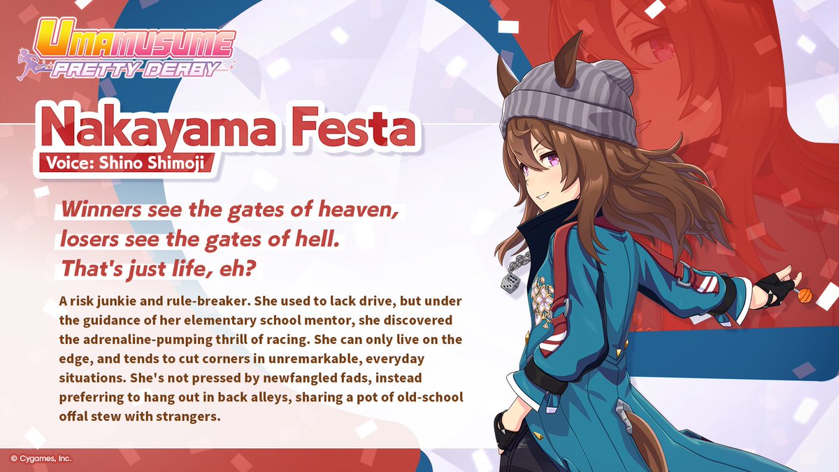 umamusume_eng's tweet photo. Character Introduction 🥕

Nakayama Festa
Voice: Shino Shimoji

The ultimate high roller. Lives on the edge and isn't afraid to skirt the law.

#Umamusume https://t.co/0Q5IWpX3lI