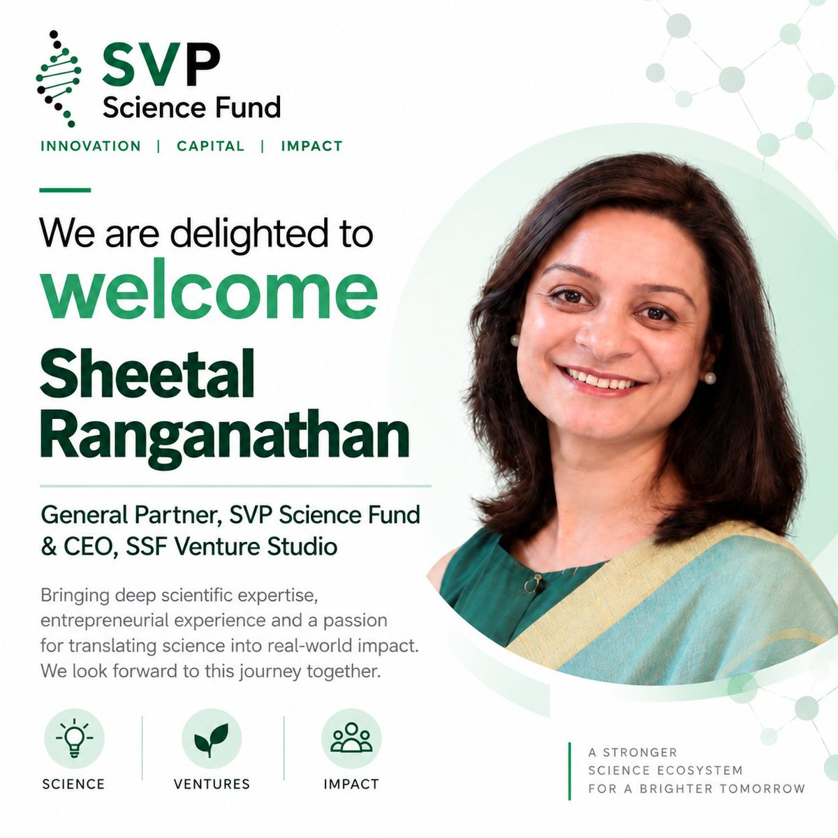 svpsciencefund's tweet photo. We are delighted to welcome Sheetal Ranganathan as General Partner @svpsciencefund & CEO, #SSFVentureStudio.
Looking forward to building & commercializing science together. Welcome aboard, Sheetal!
@svpifsc #SSFInnovate #ScientificAffairs