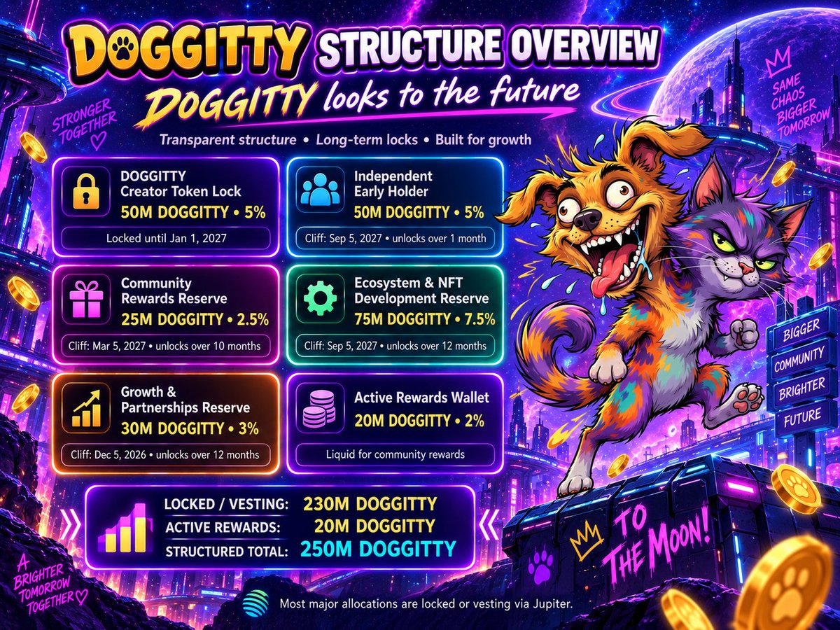 DOGGITTY_Club's tweet photo. 🔒 WELCOME TO A TRANSPARENT DOGGITTY CLUB 🐶🐱

One of the first questions many of you will probably have is:

“How is the DOGGITTY supply structured?”

The answer is right here in the image. 👇

Major DOGGITTY allocations are locked and vesting through Jupiter, with the full structure visible on-chain.

🔎 Verify the locks here:
 https://t.co/3O3Kh7UaIB

Nothing hidden. Step by step.