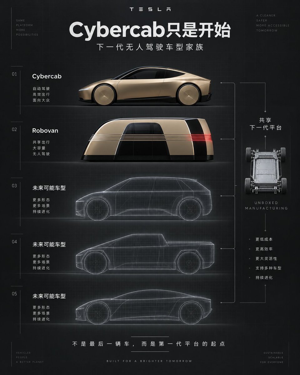 XieJackie's tweet photo. Cybercab不会是特斯拉最后一款量产新车。 它更像下一代Unboxed平台的第一辆。以后会有非常多基于这一平台的新车型出现

🚨马斯克年初说，比面包车酷得多的东西要来了。 很多人觉得是再出一台带方向盘的家用车。

可如果马斯克认为的终局是车自己开，现在还围着方向盘做新车，反而不合第一性原理。 https://t.co/BZqNhRERvk