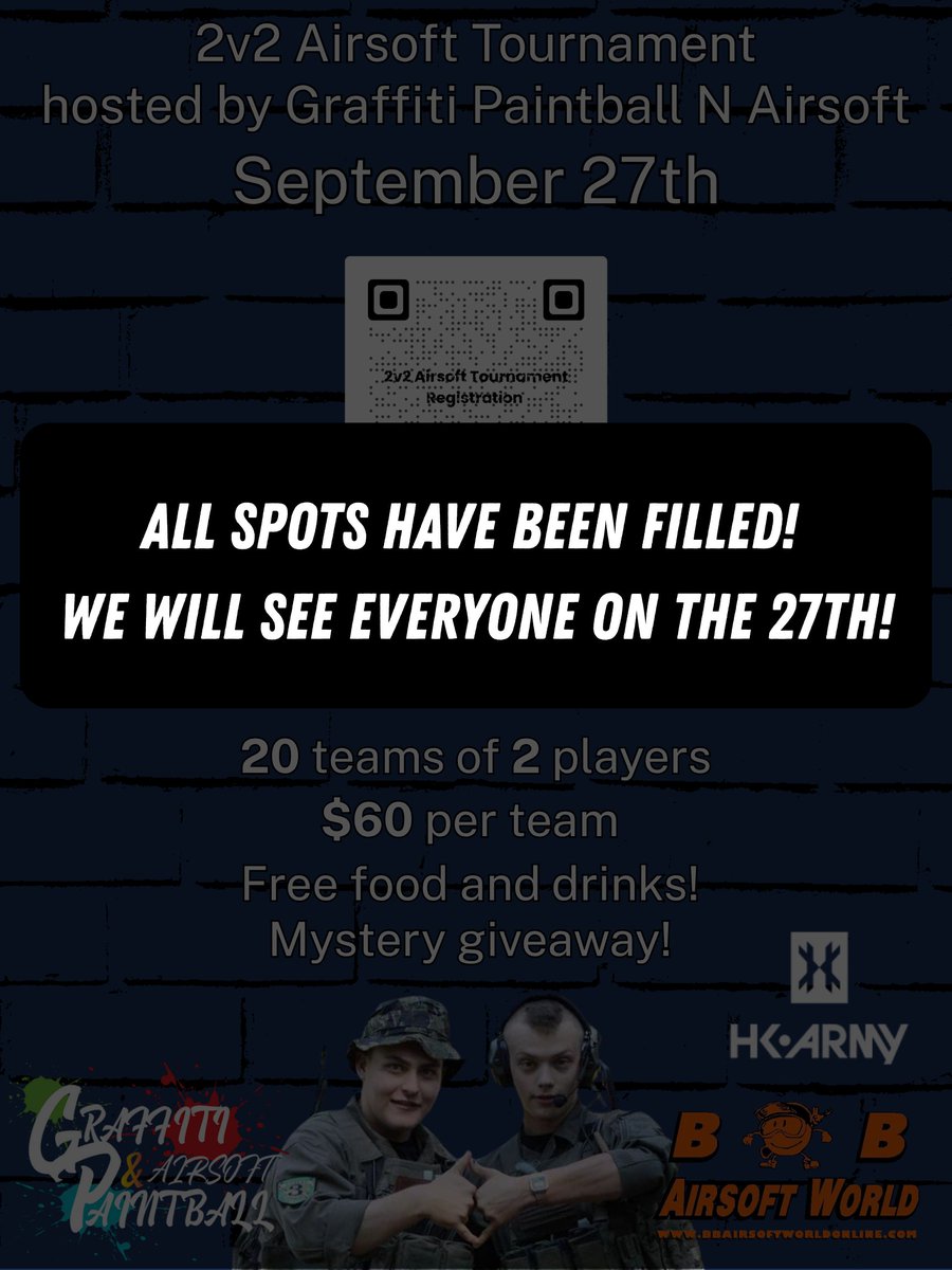 GraffitiPB's tweet photo. All spots for our 2v2 airsoft tournament have been filled! A schedule will be posted the week of the tournament. We will see everyone September 27th!

#graffitipaintballnairsoft https://t.co/CStBvHYwIQ
